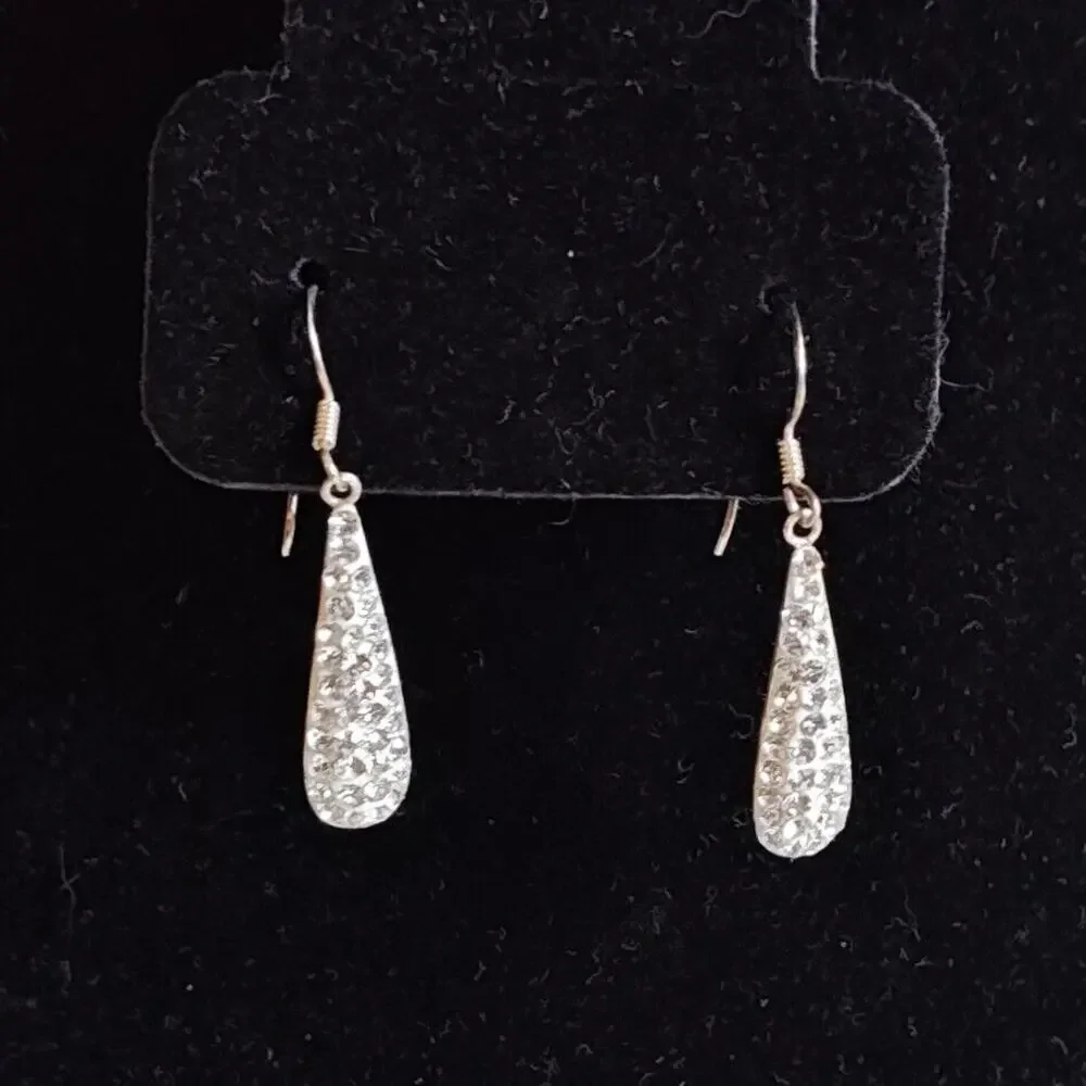 VTG Earrings‎ Sterling Silver 925 Crystal Inset Dangle Drop Hook Teardrop